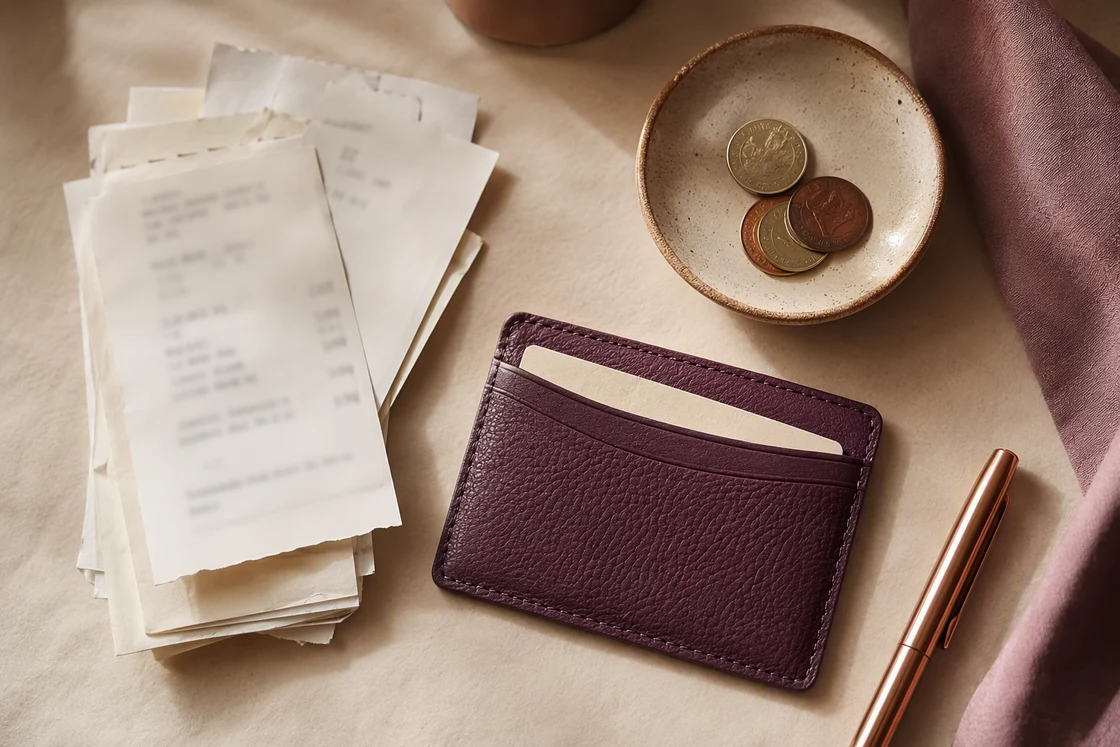 Receipts, a plum leather wallet and a dish of coins arranged neatly