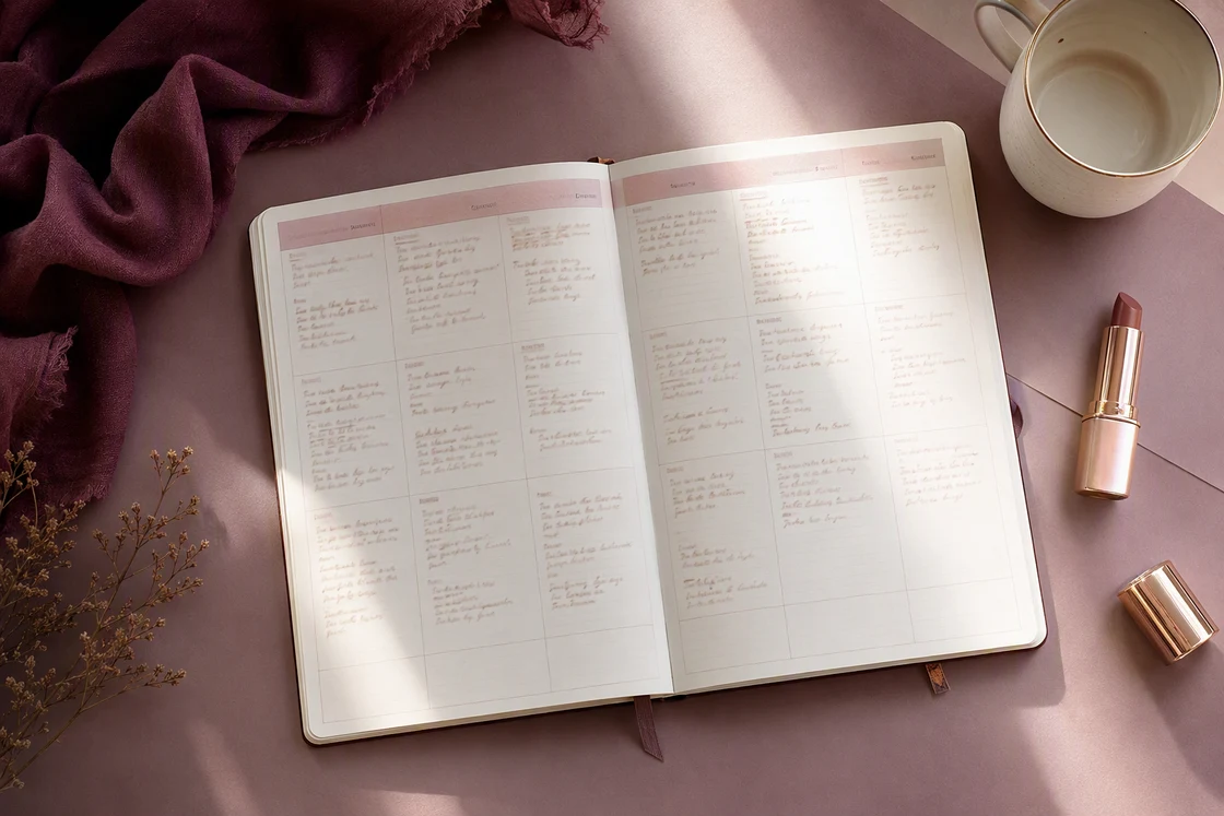 Overhead flat lay of a 90 day plan with planner and cup