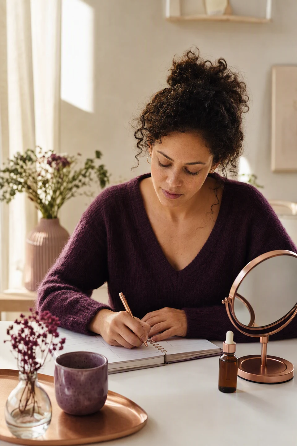 Woman writing a structured plan in a journal at a bright desk
